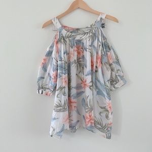 Korean plam leave and flower bohemian pattern cold shoulder blouse